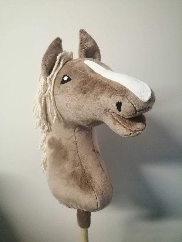 Hobby horse izabelowaty z odmianą na pyszczku , jest jasny , grzywa z włóczki, format A4